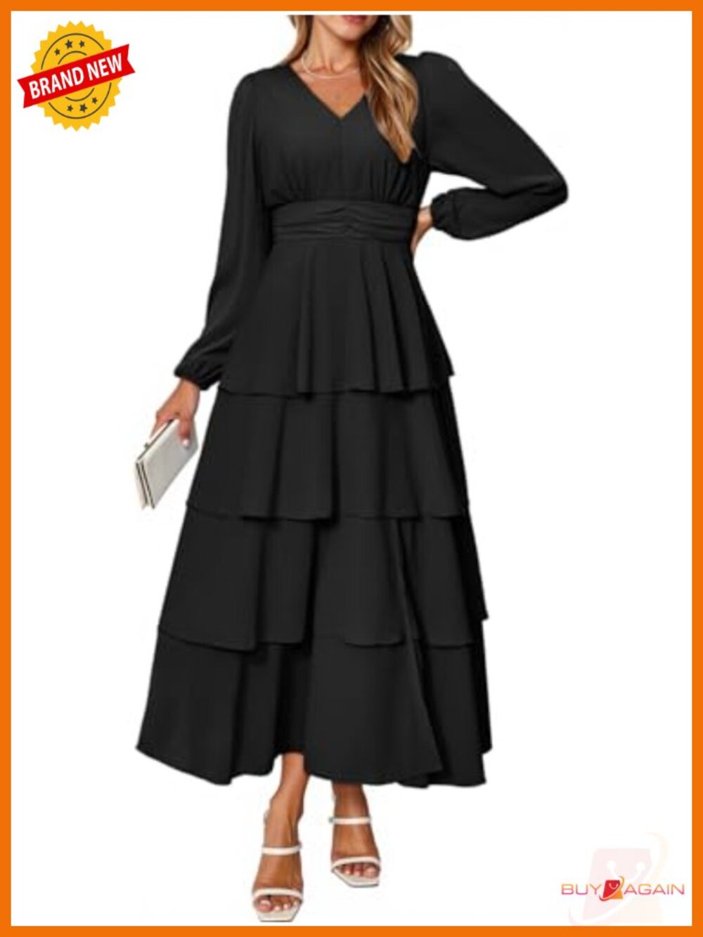 Women Flowy Maxi Dress Chiffon Long Sleeve Slit V Neck Ruffle Tiered Boho